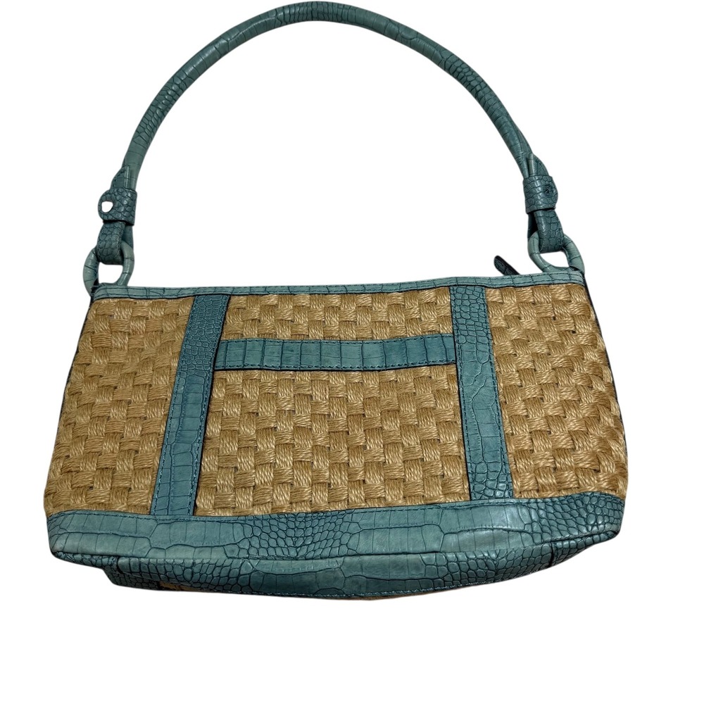 Adrienne Vittadini Straw Weave Blue‎ Faux Croc Trim Shoulder Bag Purse